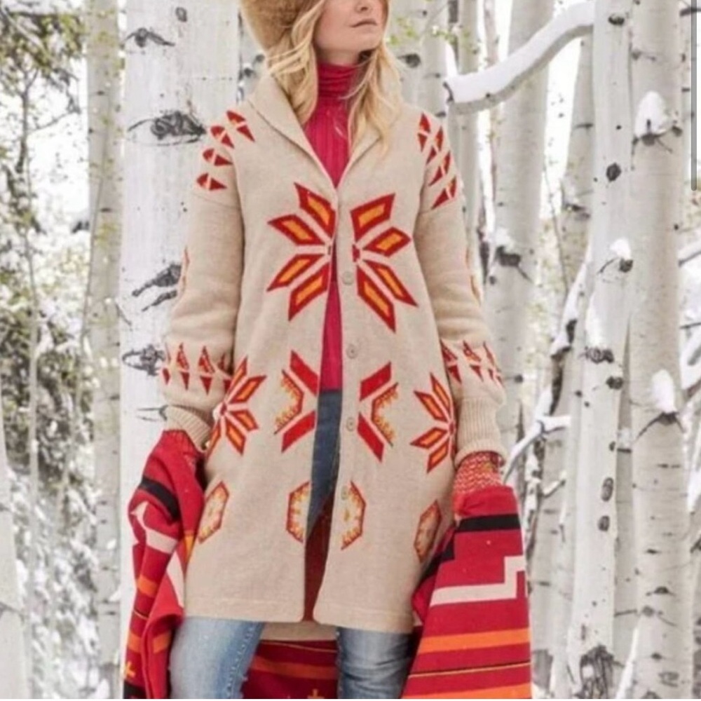 Sundance Nordic Snowflake Lambswool Sweater Coat Snaps Bishop Sleeve Tan Red XS